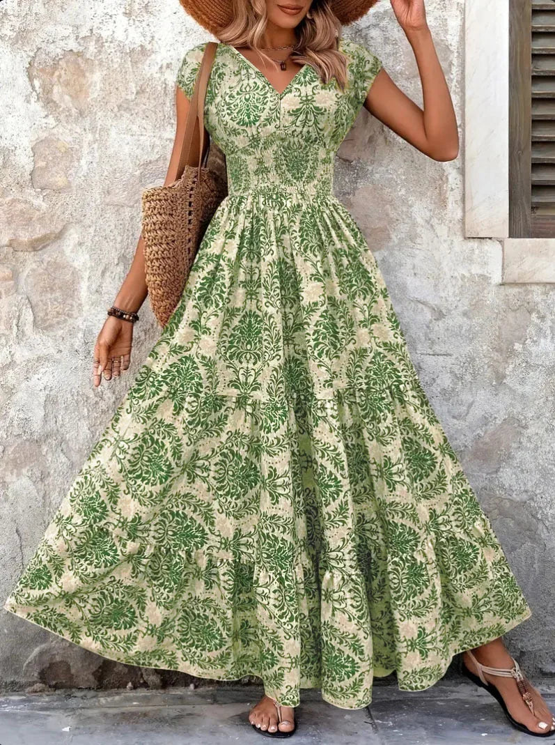 2026 Vintage Printed Dress Fashionable and Elegant V-Neck Short-Sleeved Jumpsuit Long Skirt Women's Clothing