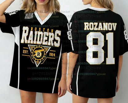 2026 Women Plus Size Boston Raiders Ilya Rozanov Fans Hockey Jersey Women Men Short Sleeve T-Shirt Unisex Women Jersey T-Shirt