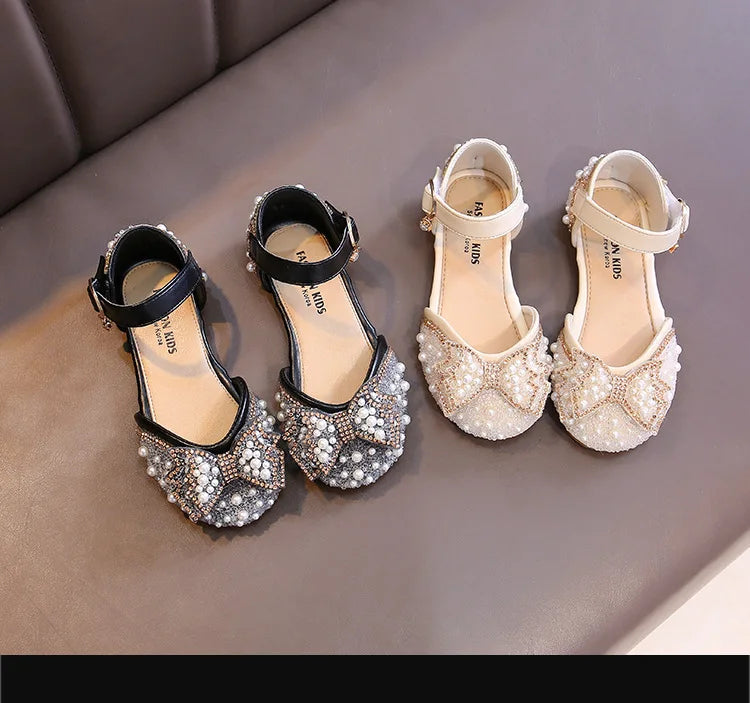 Cute Rhinestone Decorated Girls Shoes, Sweet Princess Style Flats for Wedding & Party, Soft Leather Children’s Dress Sandals