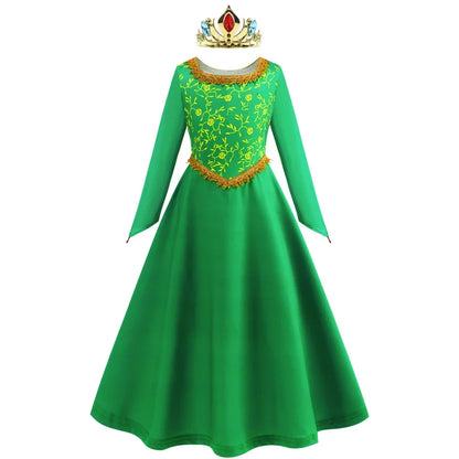 Fiona Dress Halloween Shrek Cosplay Fantasy Dress Up Green Princess Costume Children Elegant Gown Kids Long Sleeve Print Frocks