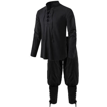 2Pcs Men's Medieval Knight Costume Set Renaissance Cosplay Pirate Shirts Ankle Banded Pants For Halloween Cotton Linen Fabric