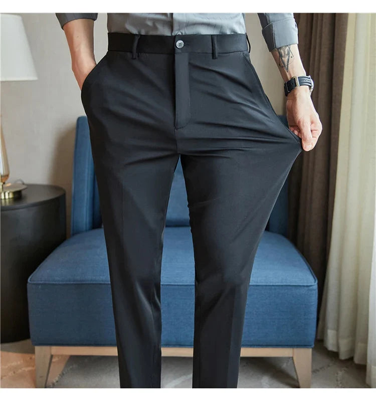 Mens Dress Pants Trousers 2025 Summer New Thin Breathable Solid Casual High Elastic Slim Fit Suit Pants Streetwear Men Clothing
