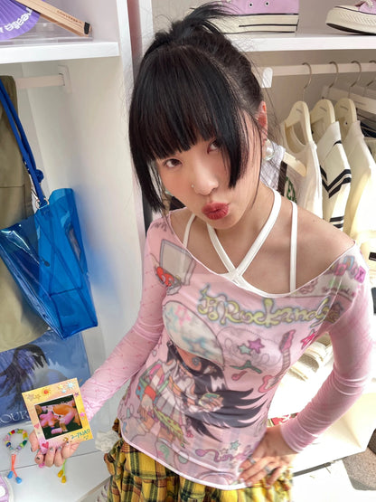 Karrram Japanese Y2k Anime Print Mesh Tops 2000s Aesthetics Pink Sheer Top Vintage Harajuku Kawaii See Through T-shirt Lolita