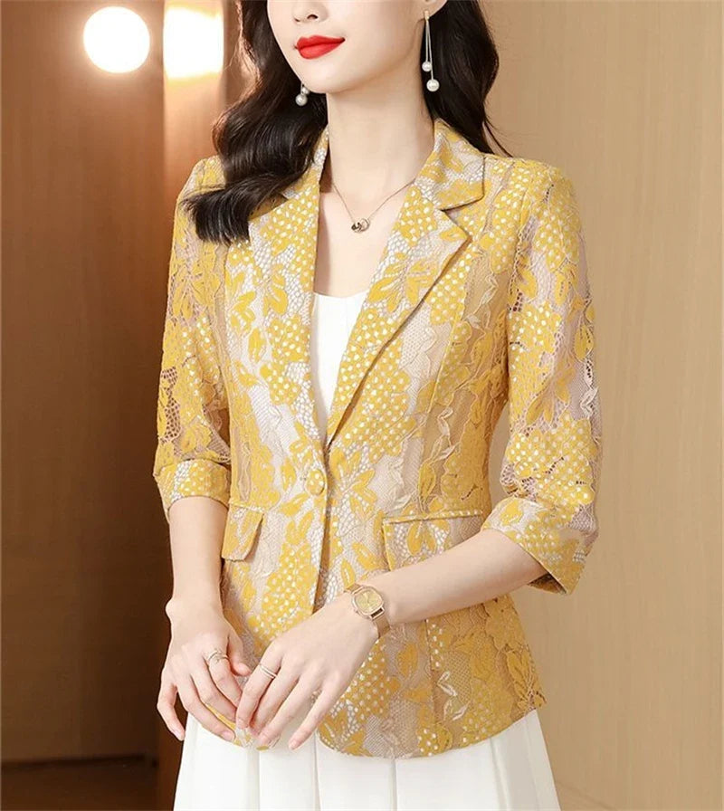 Lace Small Blazer Coat Women's 2025 Spring Summer Korean Version Fashion Ladies Elegant Casual Temperament Female Blazer Jacket