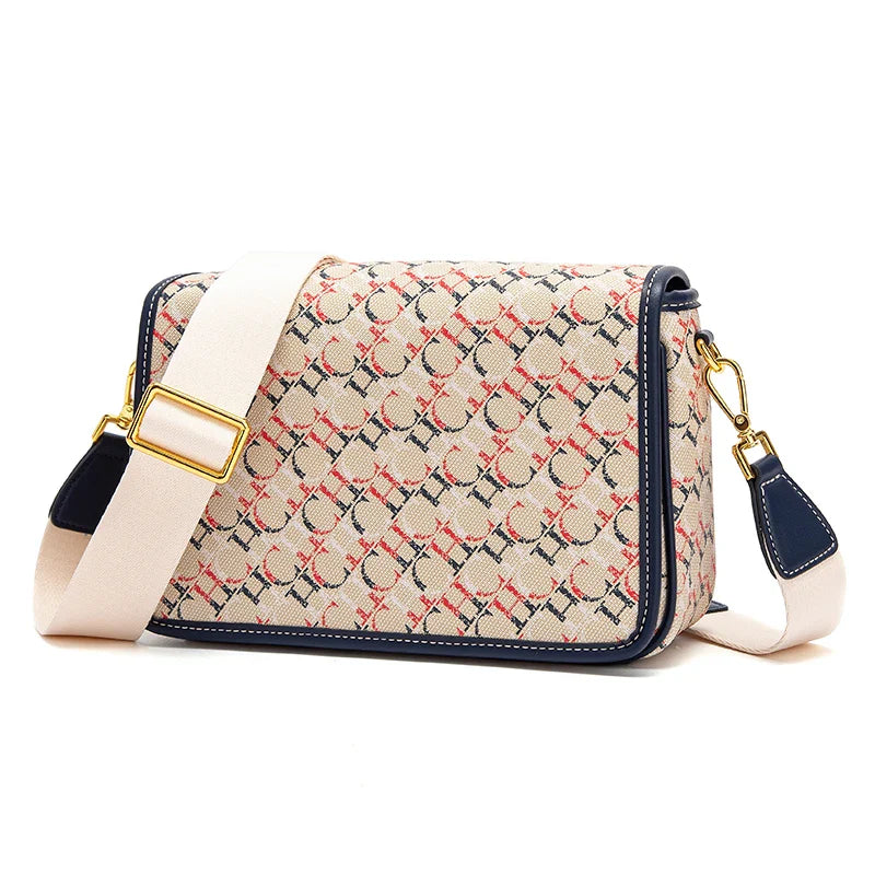 Women's Saddle Bag 2024 New Brand Letter Printed Flap Cross Shoulder Bag Retro Wide Shoulder Strap Single Shoulder Bag