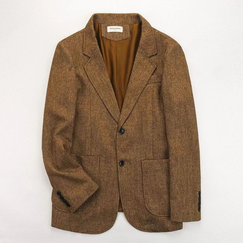 Retro British Tweed Men's Woolen Outwear Brown Wool Tweed Suit Herringbone Pattern Autumn and Winter Slim Fit Suit