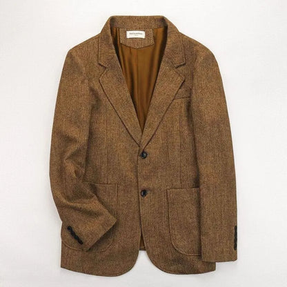 Retro British Tweed Men's Woolen Outwear Brown Wool Tweed Suit Herringbone Pattern Autumn and Winter Slim Fit Suit