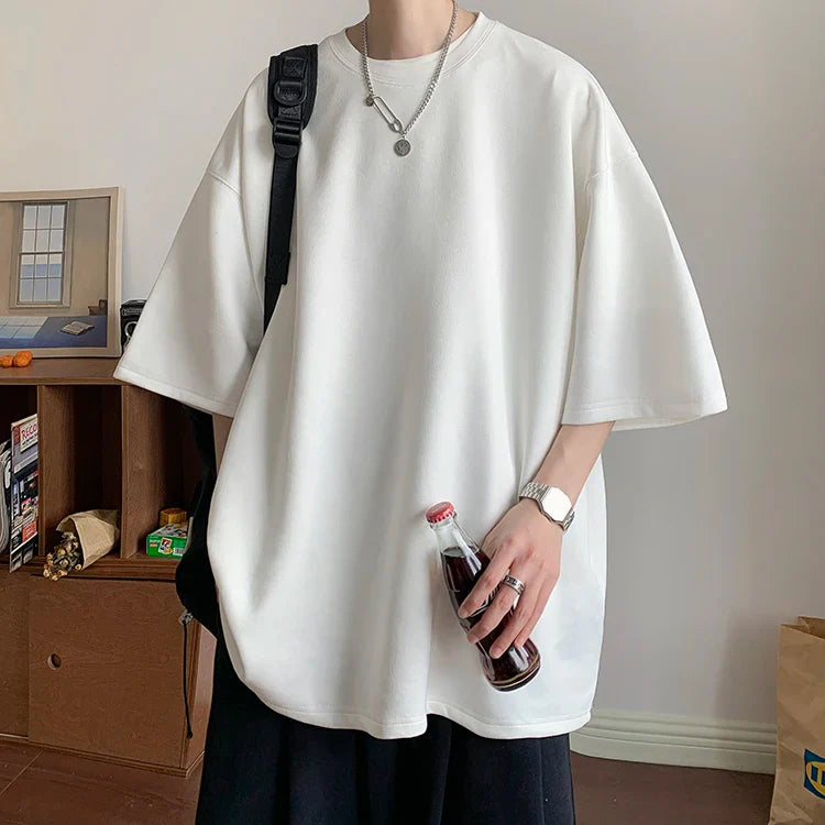 Summer Short Sleeved T-shirt Men Fashion Solid Color Round Neck T Shirt Men Streetwear Loose Suede Tshirt Mens Top M-3XL