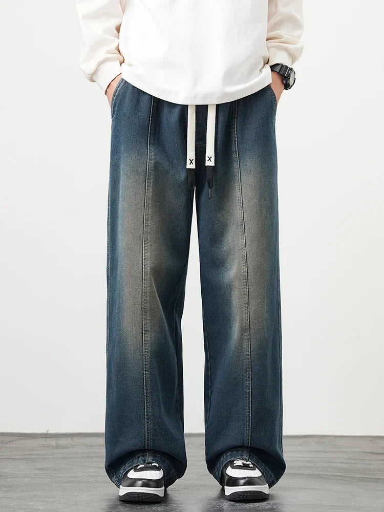 Plus Size M-8XL Baggy Jeans Men's Blue Black Streetwear Elastic Waist Y2K Trousers Fashion Straight Leisure Wide Denim Pants