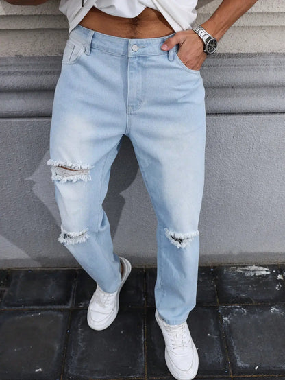 Men's Light Blue Ripped Jeans for Spring and Autumn. Casual Denim Trousers. Street Ripped Daily Casual