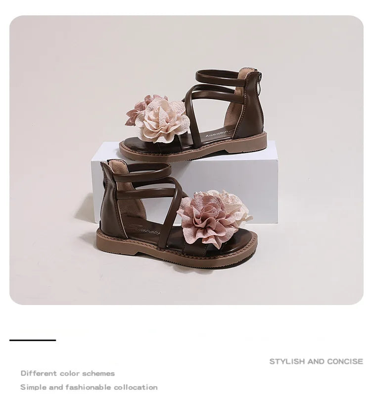 Girls' Sandals 2024 Summer New Children's Flower Princess Shoes Soft Sole Anti Slip Baby Girls' Roman Sandals