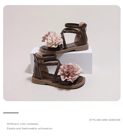 Girls' Sandals 2024 Summer New Children's Flower Princess Shoes Soft Sole Anti Slip Baby Girls' Roman Sandals