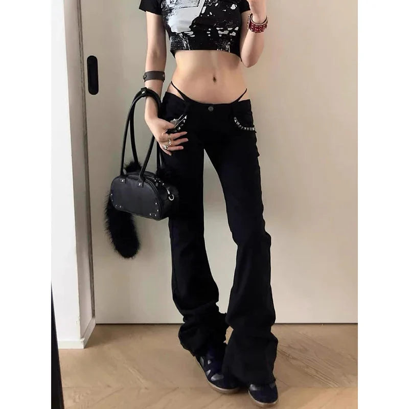 Women Low Rise Jeans Black Flared Denim Pants Gyaru American Retro Korean Cyber Punk Trumpet Jeans Y2k Skinny Bell Bottom