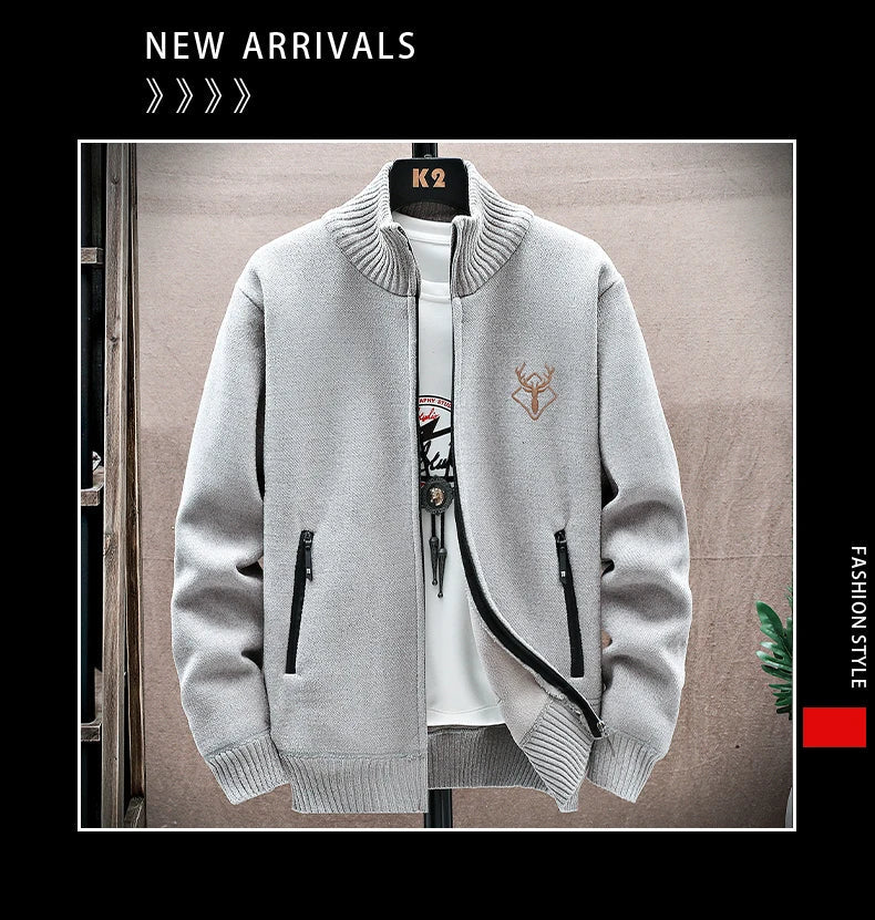 New Men's Fleece Cardigan Sweater Embroidery Casual Knit Sweater Jacket High Quality Male Autumn Winter Clothing