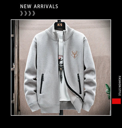 New Men's Fleece Cardigan Sweater Embroidery Casual Knit Sweater Jacket High Quality Male Autumn Winter Clothing