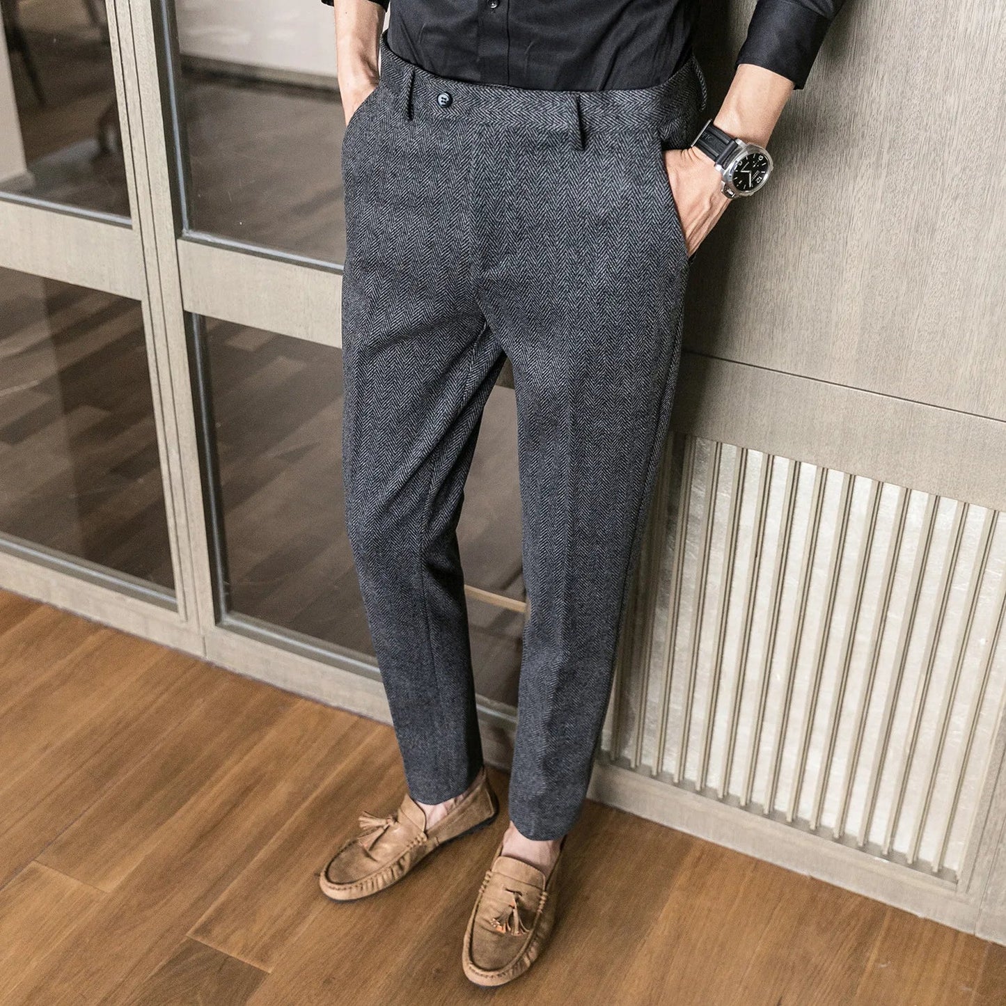 Woolen Dress Pants Formal Office Suit Pants Men Slim British Style Wool Business Black Gray Dress Trousers