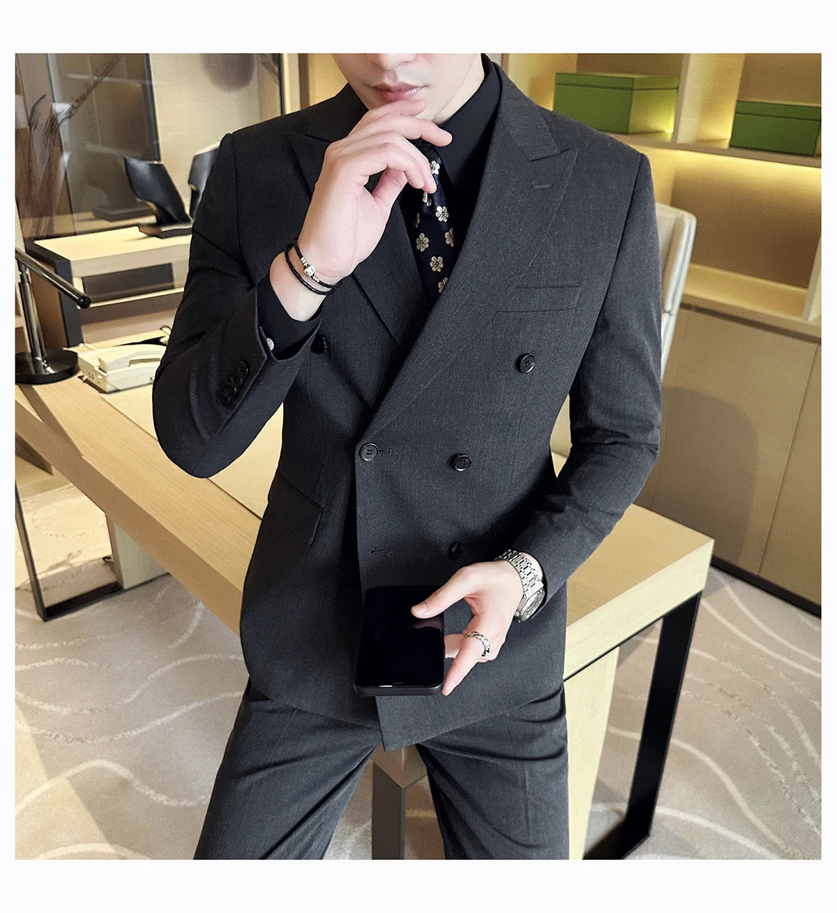 M-7XL Blazer Vest Pants High -end Brand Gray Black Men's Casual Business Double -breasted Suit Groom's Wedding Slim Men's Suit