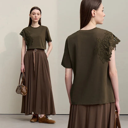 T-shirt 2026 Summer New O-Neck Moisture-Wicking Cotton Tee Asymmetric Lace Loose Short Sleeve T-shirts For Women 12642023