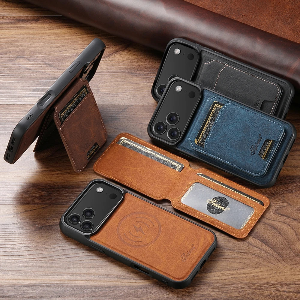 2 in 1 Leather Case For iPhone 17 Promax Air 16 Pro max 15 Plus 14 Pro 13 12 Wireless Charging Kickstand Card Slots Phone Cover