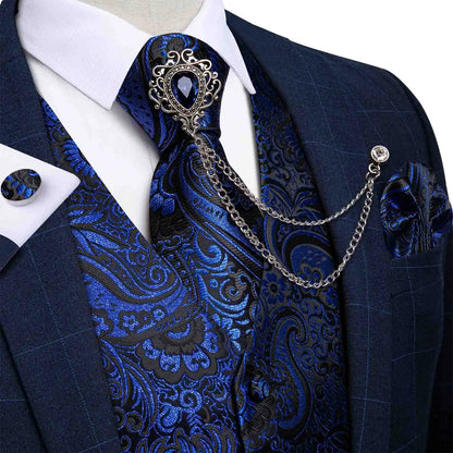 New Teal Green Paisley Formal Dress Vest Men's Suit Vest Waistcoat Tie Brooch Pocket Square Set for Tuxedo