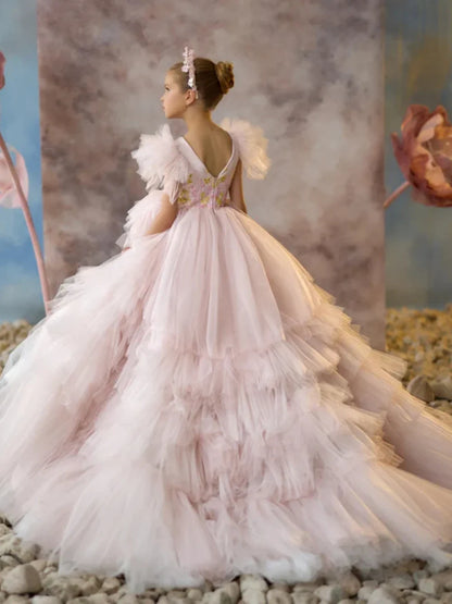 Girls Luxurious Beaded Tiered Tulle Long Wedding Party Gown Elegant Sleeveless Kids Dresses First Communiom Formal Evening Wear