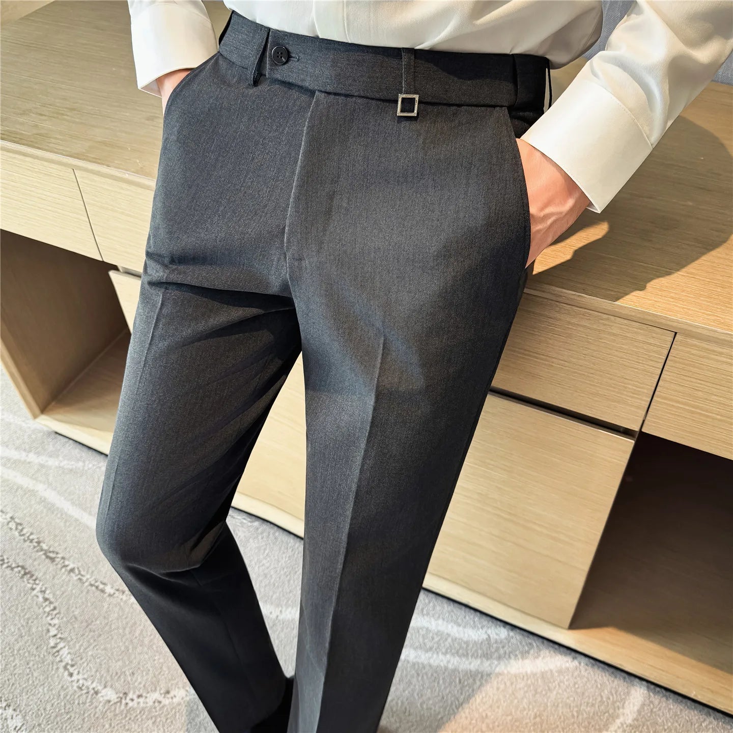 High Quality Invisible Elastic Waist Business Casual Suit Pants Built-in Anti Slip Strip Slim Fit Office Social Dress Trousers