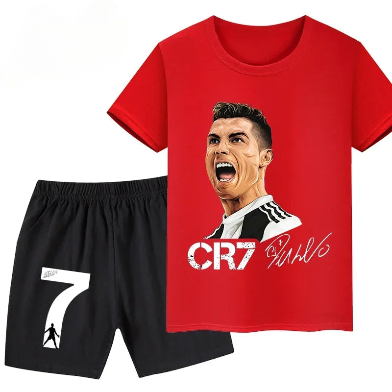 2026 Ronaldo Football Player CR7 Printed Children Clothing Casual T-shirt+Shorts 2pcs Sets Summer Kids Boys Fashion Sportsuits.