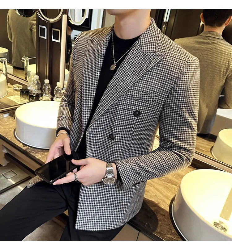 British Style Men Double Breasted Slim Fit Blazer 2024 New Houndstooth Slim Fit Suit Jacket Formal Business Wedding Dress Jacket