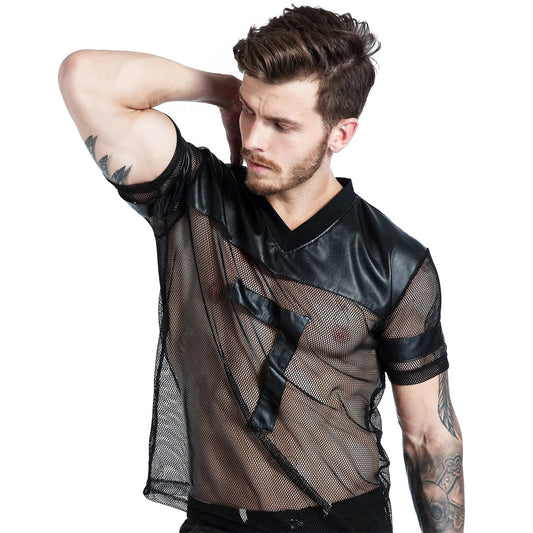 Sexy Men Fishnet T-Shirt PU Faux Leather Mesh Shirts See Through Tops Tee Transparent Short Sleeve Stage Clubwear