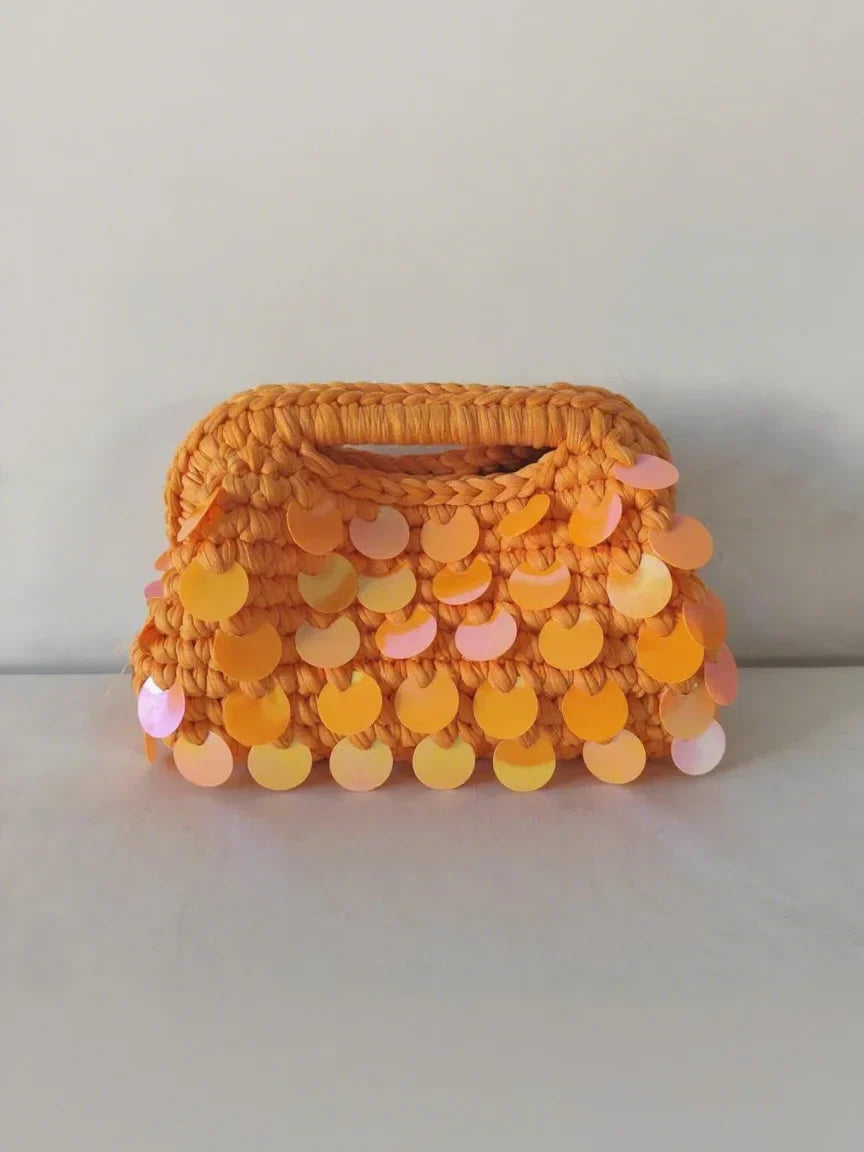 Yingzi Small Sequin Crochet Cluth Bag with Shine Paillettes Handmade Evening Bag Makeup Bag