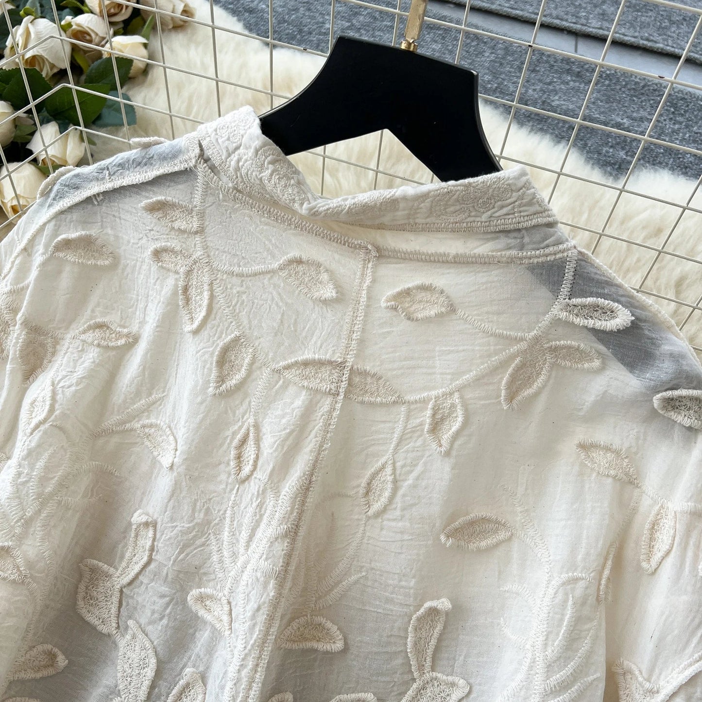 2025 Spring Gentle Women Blouse Leaves Embroidery Single Breasted Long Sleeves Summer Thin Streetwear Casual Shirt
