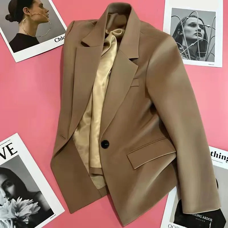 Women Fashion Single Button Blazer Vintage with Pockets Notched Neck Jacket Female Loose Version Long Sleeves Suit Outwear Tops