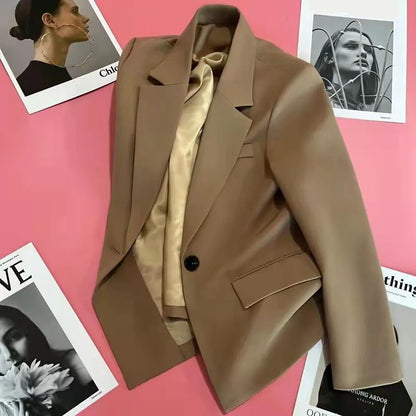 Women Fashion Single Button Blazer Vintage with Pockets Notched Neck Jacket Female Loose Version Long Sleeves Suit Outwear Tops