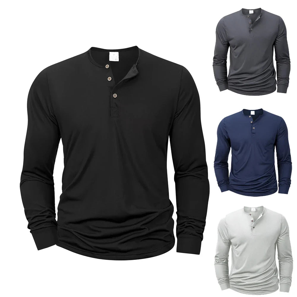 Men's Henery Neck Button Long Sleeve T Shirt Solid Color Spring Summer Breathable Tshirt Fashion Casual Slim Tops Classic Shirts