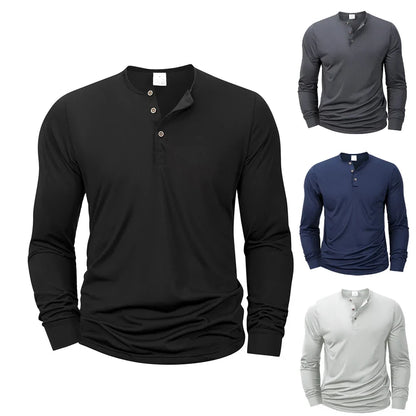 Men's Henery Neck Button Long Sleeve T Shirt Solid Color Spring Summer Breathable Tshirt Fashion Casual Slim Tops Classic Shirts
