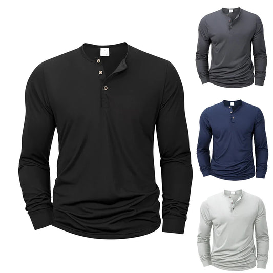 Men's Henery Neck Button Long Sleeve T Shirt Solid Color Spring Summer Breathable Tshirt Fashion Casual Slim Tops Classic Shirts