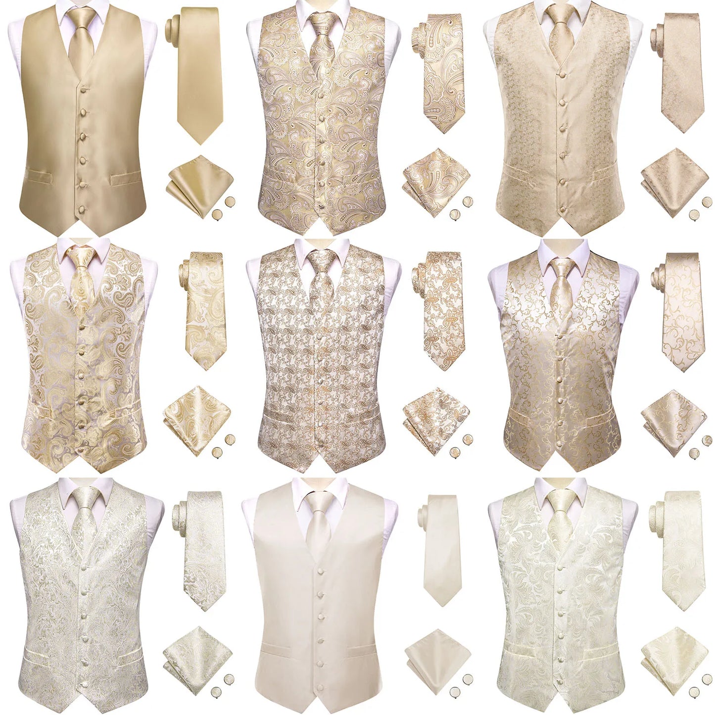 Champagne Mens Vest Tie Set Fashion Paisley Jacquard Western Waistcoat Necktie Hanky Cufflinks Wedding Business Gift Hi-Tie