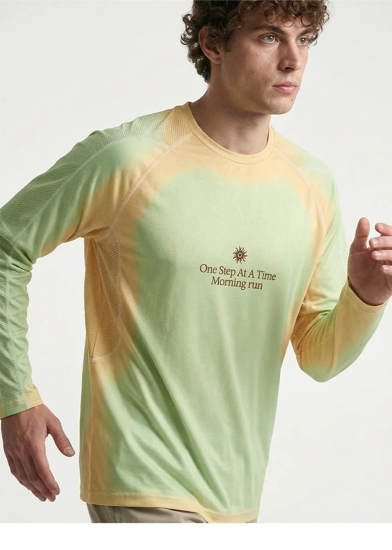 Men's Outdoor Running Long Sleeve T-Shirt Gradient Color Digital Print Quick Dry Breathable Sports Top Unisex