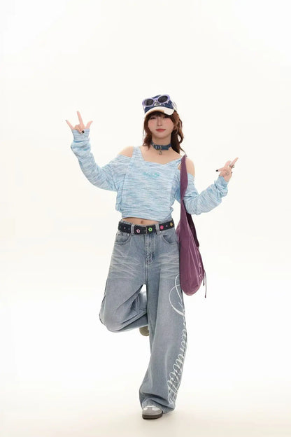 Blue Loose Wide Leg Jeans Women's Fashion High Waist Straight Cut Casual Trousers Autumn New Style Slimming Effect Cotton Pol...