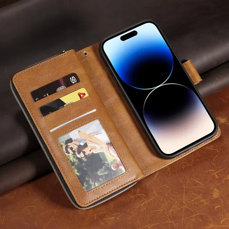 Double Layer Zipper Wallet Case with 9 Card Slots for iPhone 16 16E Pro Max 15 14 Plus13 12 Pro Max PU Leather Flip Cover
