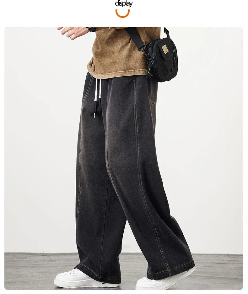 Plus Size M-8XL Baggy Jeans Men's Blue Black Streetwear Elastic Waist Y2K Trousers Fashion Straight Leisure Wide Denim Pants