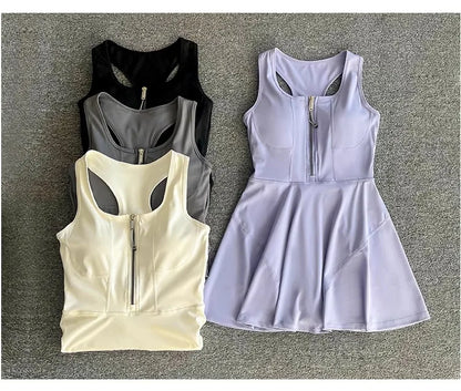 Tennis Skirt Casual Half Zipper Sports Fitness Dress Anti-Running High Waist Slim Golf Yoga Dress