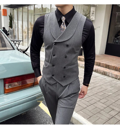 ( Vest + Pants) Men Luxury Double Breasted Design Suit Vest 2 pieces Formal Groom Wedding Dress Vest Set Fashion Club Clothing