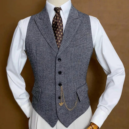 Men Vest Gray Herringbone Single Button With Lapel Waistcoat For Wedding Banquet Party Business Office Work Daily Men Suit Vest