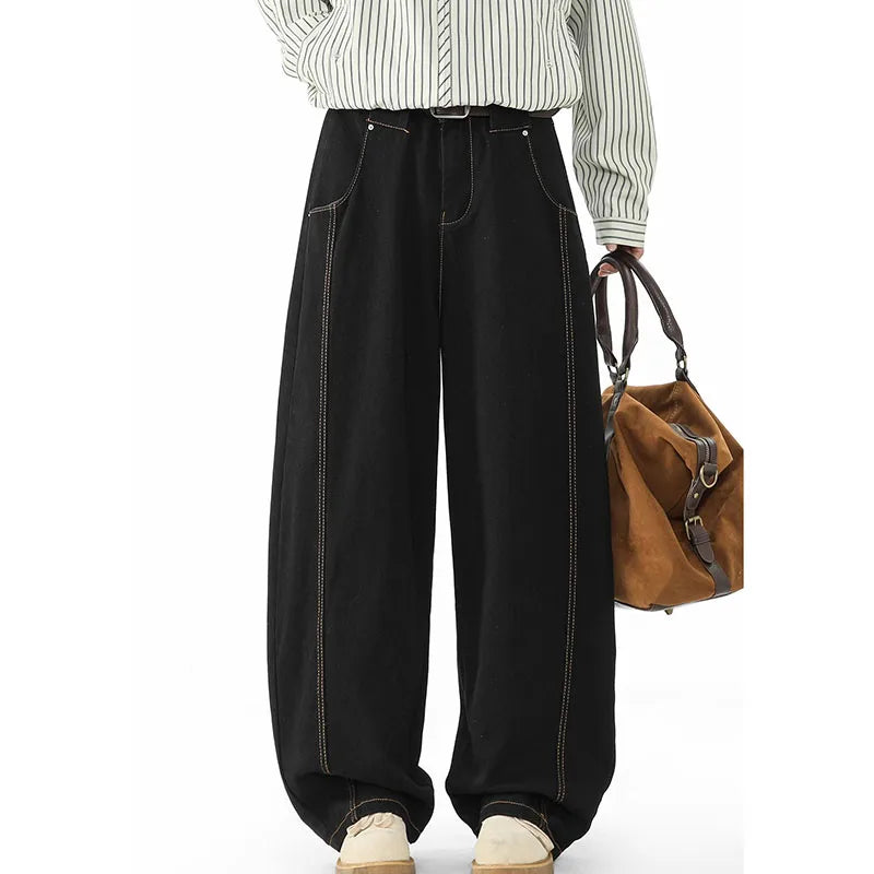 Japanese Korean Casual Black Straight Leg Jeans Men'S Spring Autumn Jeans High Street Loose Pants Wide Leg Pants