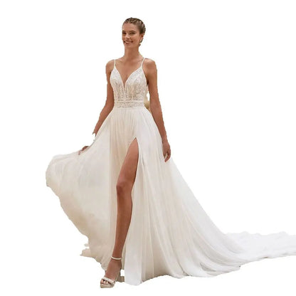 Customized On Sale Classic Wedding Dresses Lace Beach Bridal Gowns Summer Boho Bride Dresses Side Slit Wedding Gowns Back Out