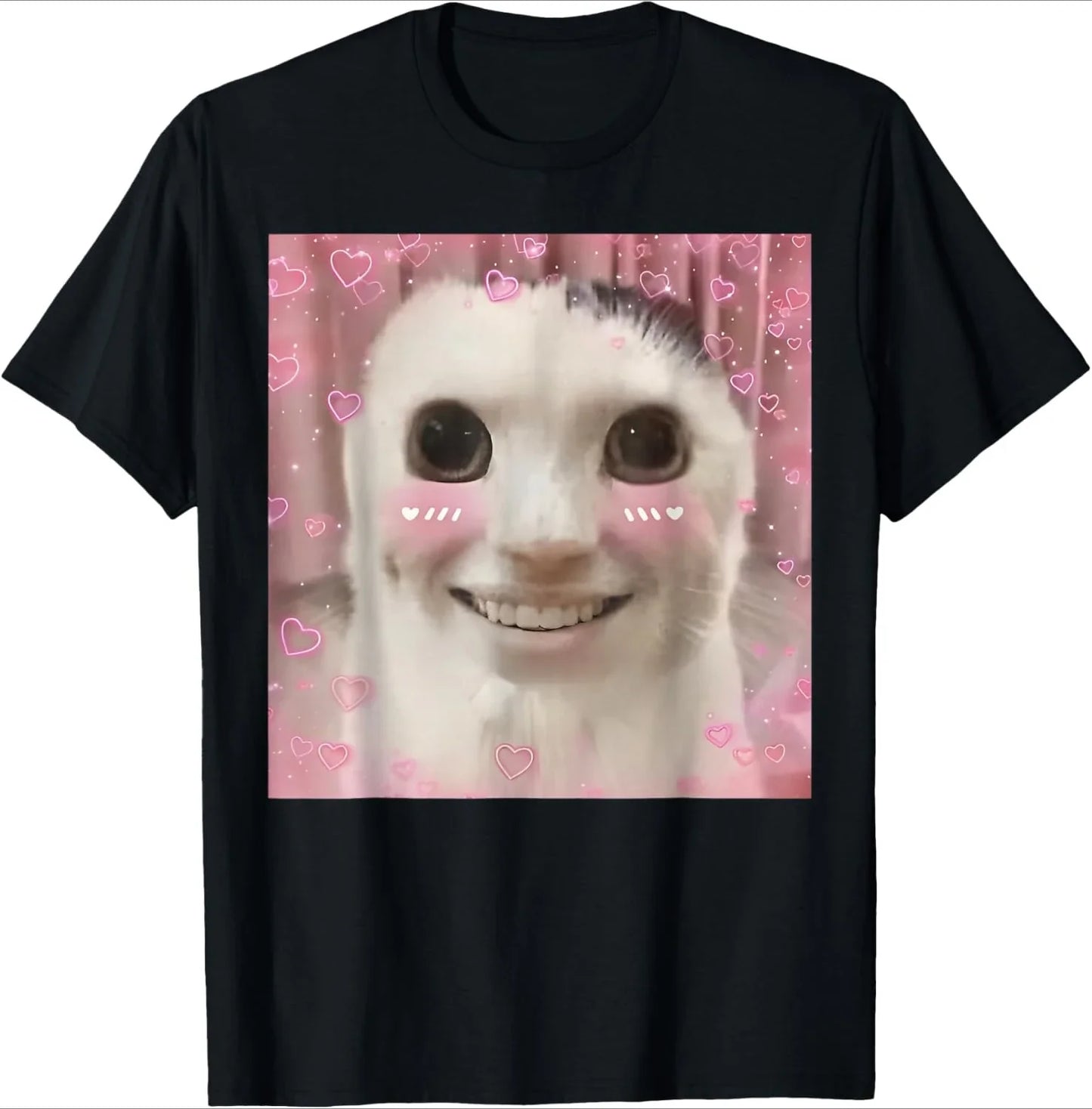 Sad Cat Emoji T-Shirt Humorous Letter Print Women's Black Short-Sleeved Casual Loose-Fit Basic Crew Neck Top for Daily Wear