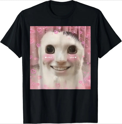 Sad Cat Emoji T-Shirt Humorous Letter Print Women's Black Short-Sleeved Casual Loose-Fit Basic Crew Neck Top for Daily Wear