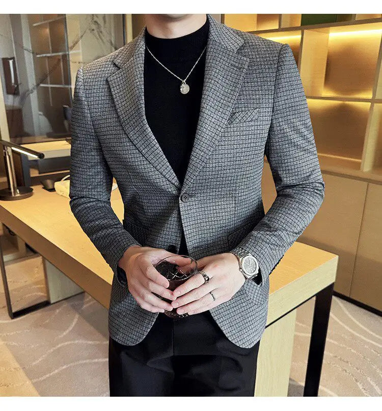 Men's Elegant Grid Suit Jacket 2026 Spring New Fashion Slim Blazer Jackets Social Prom Dress Jacket Men's High Quality Clothing