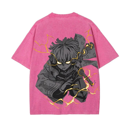 Demon Slayer Men's Women's Washed T-Shirt Zenitsu Agatsuma Summer Spring Anime Tee Retro Distressed High Quality Short Sleeve
